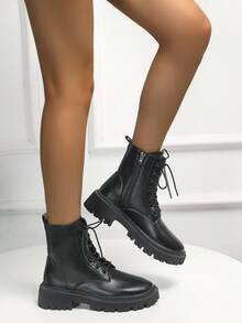 Women's Fashion Ankle Boots, Casual Side Zipper Lace-Up Combat Boots - Black - View 7