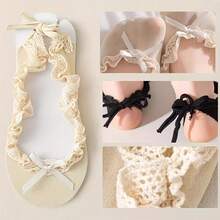 1/2 Pair Of Lace Socks For Women, Black And White Lace Ankle Socks With Lace Ties, Thin Spring/Summer Ballet Style, With Bows For Girls, Suitable For Mary Jane Shoes - 一雙米白色蕾絲船襪 - 查看 10