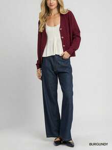 Womens Casual Cardigan Classic Preppy Honeycomb Knit Textured Cropped Sweater Button Front Casual Basic Short Regular Fit Burgundy Long Sleeve Round Neck Fall Winter Spring Everyday Wear Office Style - 酒紅色 - 查看 1