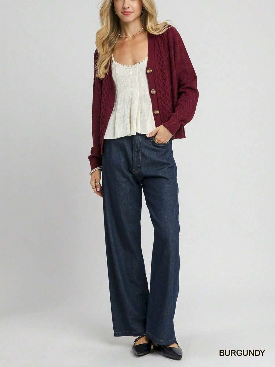 Womens Casual Cardigan Classic Preppy Honeycomb Knit Textured Cropped Sweater Button Front Casual Basic Short Regular Fit Burgundy Long Sleeve Round Neck Fall Winter Spring Everyday Wear Office Style - 酒紅色 - 查看 1