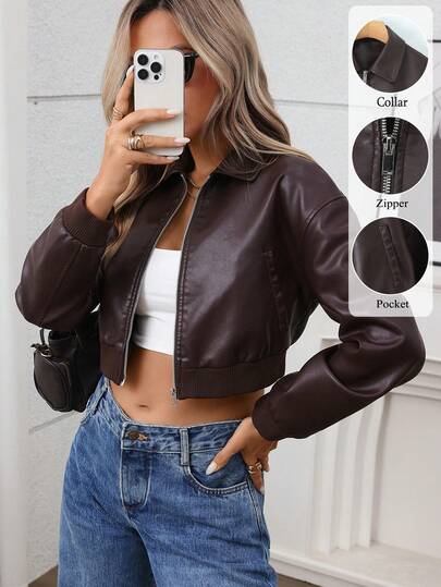 Women's Fashion Faux Leather Motorcycle Jacket, Short Style Casual Jacket Suitable For Spring And Autumn