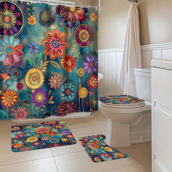 1 Set/4 Pcs - Polyester - Mandala Floral Shower Curtain Set, Vintage Mystical Watercolor Floral Plant Bathroom Decor Shower Curtain With 12 Hooks, Non-Slip Bathroom Mat, Toilet U-Shaped Mat, Toilet Lid Cover Home Decor