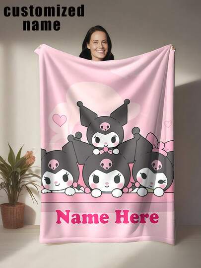 SANRIO Customized Name Blanket With Soft Pink Background, Featuring Four Different Poses Of Kuromi Character And Heart Patterns, Versatile Plush Blanket Suitable For Bed, Sofa, Car, Office, Camping And Travel, Soft, Lightweight, Warm And Easy To Maintain, Suitable For All Seasons