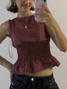 Y2K Gingham Smocked Waist Peplum Top  Sleeveless Boat Neck Tie Shoulder Blouse  Retro Cottagecore Crop Top For Summer, Brunch  Casual Outfits - Đỏ - Xem 1