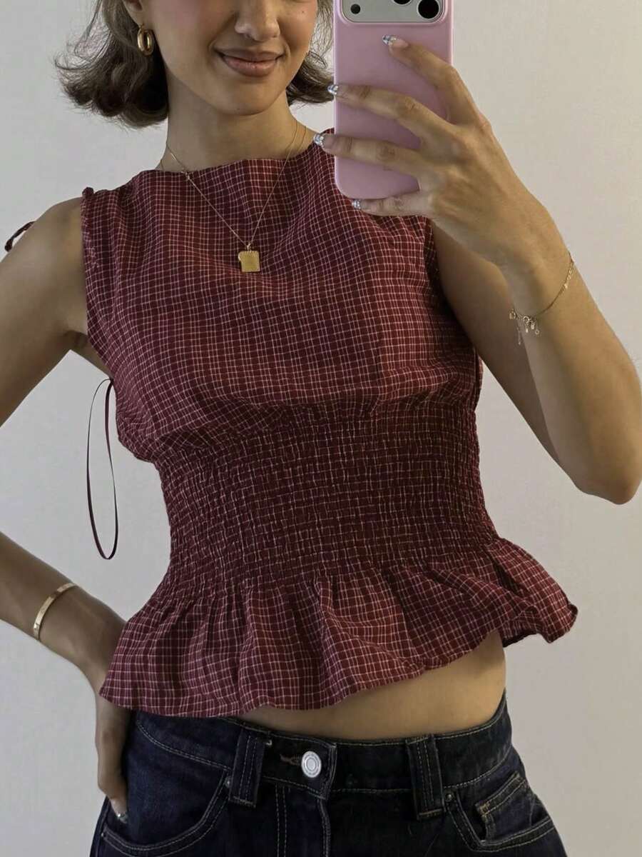 Y2K Gingham Smocked Waist Peplum Top  Sleeveless Boat Neck Tie Shoulder Blouse  Retro Cottagecore Crop Top For Summer, Brunch  Casual Outfits - Đỏ - Xem 1
