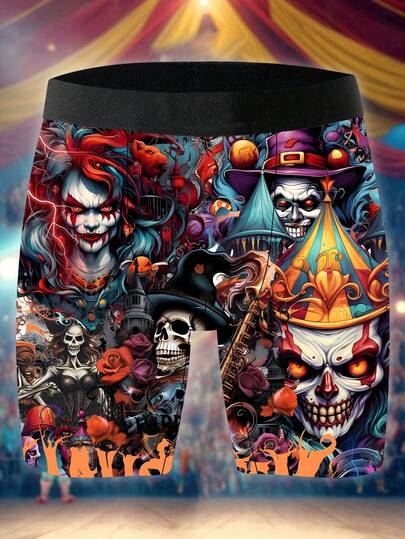 1 Pack Of Novelty Men's Shorts, Clown And Skull Motif Printed Men's Boxers, Dark Horse Show Print Underwear, Knitted Fabric, Soft And Skin-Friendly, Quick-Drying And Breathable, Sporty And Casual Men's Long Boxers.