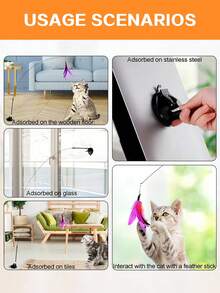 1pc Cat Teaser Wand Toy With Feather & Bell Replacements, Interactive Pet Toy For Cats To Play And Exercise, Suction Cup Handheld Design - Black and White - View 5