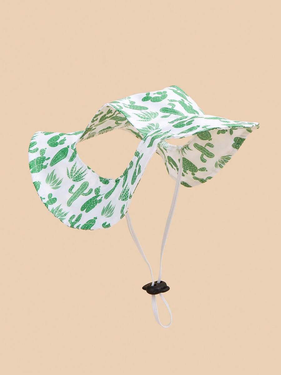 Green Cactus Pattern Polyester "Happy Dog" Windproof Sun Hat, Ear-Exposed Design, Adjustable Anti-Shedding, Suitable For Small Pets Year-Round Outdoor Wear