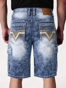 ESDVQ 男士多口袋牛仔短裤，弹力刺绣工装百慕大短裤 - 藍色 - 查看 10