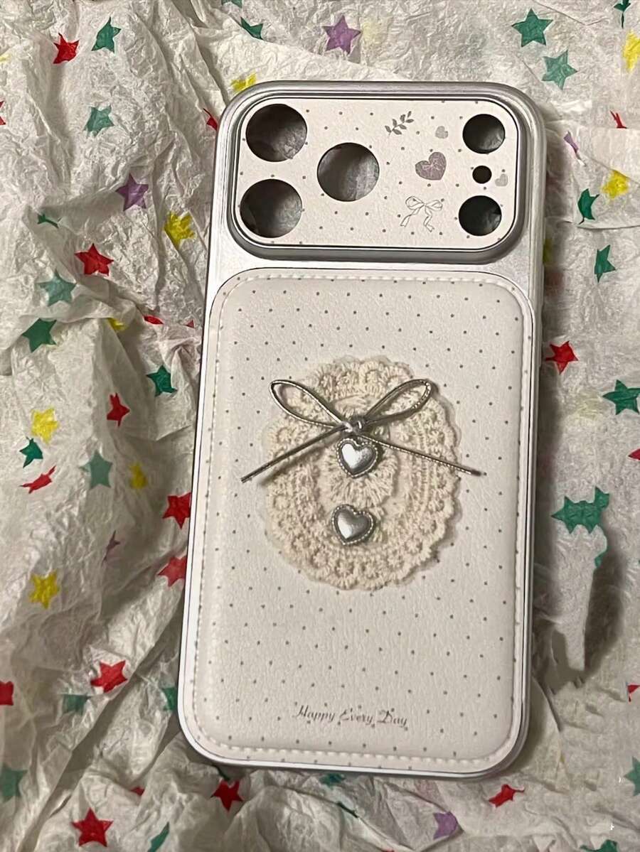 Niche High-End White Lace Silver Bow Heart 17 ProMax 16 15 13 Phone Case, Full Edge Protection Personalized Creative 16 ProMax Cover - White - View 1