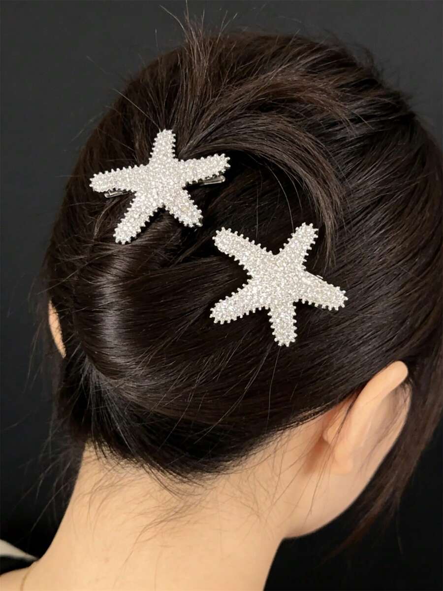 2 piezas Elegantes Pinzas para el cabello de mujer con cristales brillantes de aleación en forma de estrella de mar, adecuadas para flequillo, mechones laterales, fiesta, uso diario, estilo bohemio chic - Plateado - Ver 1