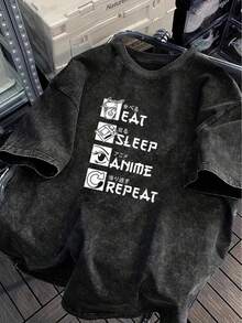 1pcHeavyweight 230G Pure Vintage Washed Black Short-Sleeve T-Shirt - Plus Size For Men And Women, Featuring A Loose Fit With Easy Print Retro Designs. This Large Round-Neck Short-Sleeve Top Is Suitable For Unisex Summer Outdoor And Casual Wearsummer Outfits Summer - 黑色 - 查看 1