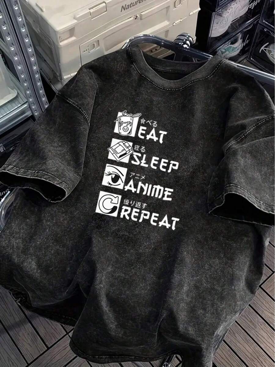 1pcHeavyweight 230G Pure Vintage Washed Black Short-Sleeve T-Shirt - Plus Size For Men And Women, Featuring A Loose Fit With Easy Print Retro Designs. This Large Round-Neck Short-Sleeve Top Is Suitable For Unisex Summer Outdoor And Casual Wearsummer Outfits Summer - 黑色 - 查看 1