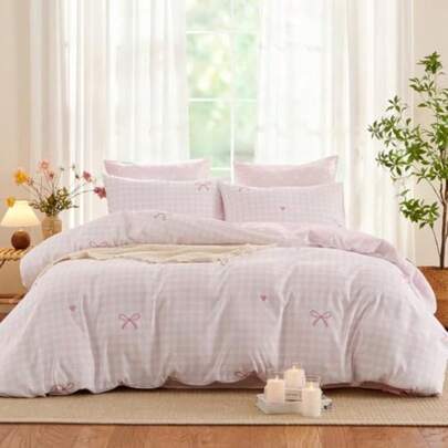 Duvet Cover Queen Size - Geometric Bow Chart In Pink On Side A White Heart In Pink On Side B Comforter Cover Soft Microfiber Quilt Cover With Zipper Closure And 2 Pillowcases