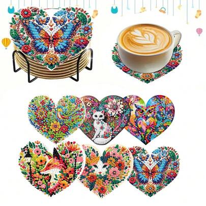 Set de 6 posavasos de pintura de diamantes DIY con soporte - Tema de animales con forma de corazón, formas de diamante redondas y asimétricas, kit de manualidades de madera, adecuado para adultos y principiantes