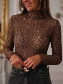 Solid Color Lace Crew Neck Long Sleeve Fitted Blouse For Women Spring - Coffee Brown - View 4