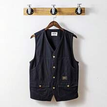 New Popular Artistic Single-Breasted Stylish Harajuku Streetwear American Workwear Vest For Men With A Hong Kong-Style V-Neck - Black - View 1
