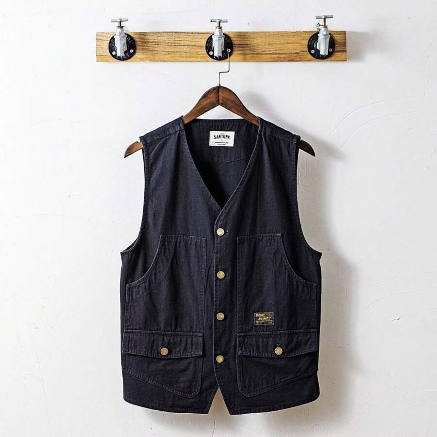 New Popular Artistic Single-Breasted Stylish Harajuku Streetwear American Workwear Vest For Men With A Hong Kong-Style V-Neck - Black - View 1