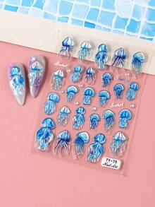 Hình dán móng tay hình sứa dập nổi 5D, hình động vật biển sứa pha lê tự dính, trang trí móng tay sinh học chủ đề đại dương. - Xanh và trắng - Xem 8