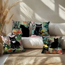 4件套油画风格黑猫金鱼植物图案抱枕套，单面印花，柔软桃皮绒面料，45*45厘米，适用于家居卧室客厅派对装饰，沙发装饰抱枕套，礼品装，不含枕芯 - 彩色 - 查看 4