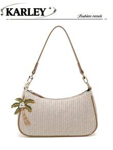 女士时尚手提包，夏季新款草编包，沙滩度假风包包，Y2K 潮包，单肩腋下包，小钱包 - 杏色 - 查看 9