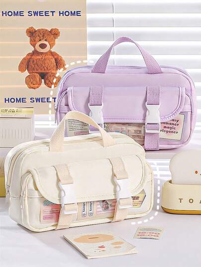 1 pieza Estuche para lápices de gran capacidad con diseño de cuadros beige de 2026 con doble hebilla, diseño de múltiples bolsillos para organizador de escritorio vertical, caja de papelería resistente a la suciedad y de fácil transporte, adecuado para estudiantes, profesionales, hombres y mujeres, caja de almacenamiento de papelería escolar, caja de almacenamiento multifuncional, cierre de cremallera