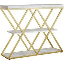 Mesa de consola industrial de 3 niveles con marco de metal de oro en forma de X - estantes abiertos blancos, mármol blanco superior de madera rústica, pies ajustables, muebles modernos de acento de entrada para vestíbulo, sala de estar - Mármol blanco - Ver 6