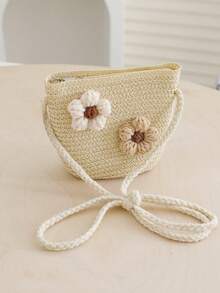 Children's Straw Bag, Cute Girls' Shoulder Crossbody Bag, Beach Woven Bag, Spring/Summer - 2 Flowers - View 3