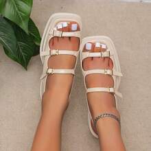 Sandalias de plataforma con tiras y punta abierta de estilo retro para mujer, sandalias de cuña, atuendos de verano - Beis - Ver 3
