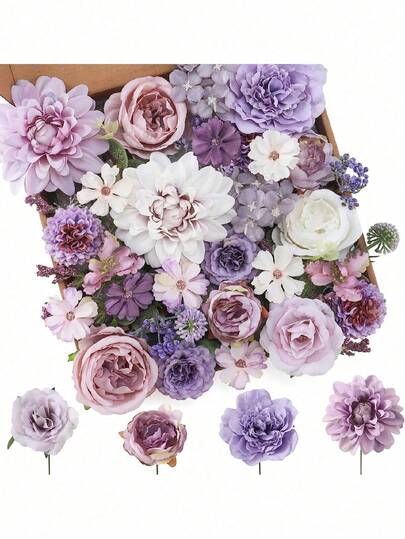 40 pièces Combo de fleurs artificielles, fleurs en soie violettes mélangées comprenant des dahlias et des roses avec tiges, convient pour les bouquets de mariage DIY, les baby showers, les arrangements floraux, les centres de table, la décoration d'intérieur