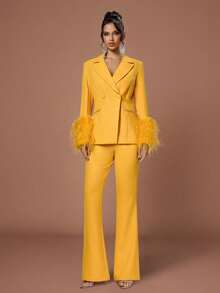 Conjunto de traje de mujer elegante de doble botonadura amarillo con puños y cuello con plumas, manga regular, tela sin estiramiento para ocasiones elegantes - Amarillo - Ver 9