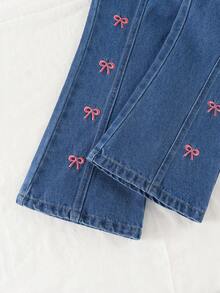 1 chiếc quần jeans ống loe màu xanh dương dễ thương thêu nơ hồng cho bé gái, kiểu dáng thường ngày, đa năng. - Rửa trung bình - Xem 7