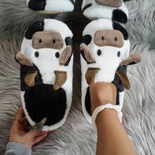 时尚新款毛绒室内拖鞋，舒适套脚可爱奶牛图案拖鞋，适合春、秋、冬季穿着。 - 男款拖鞋 - 查看 3