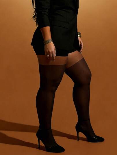 1 Pair Plus Size Black Faux Knee High Glossy Tights Basic Essential Style For Women Daily Date Night Party Commute