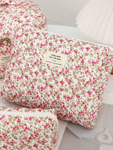 1pc Rose Red Printed Multi-Functional Quilted Cosmetic Bag, Fashion Casual Large Capacity Zipper Makeup Bag, Travel Stationery Storage Pouch, Essential Vacation Cosmetic Bag - Pink - View 6