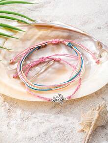 2pcs/Set Bohemian Style Woven Wax Rope Anklet Set, Handmade Elastic Adjustable Rope Anklet Set, Suitable For Beach Vacation And Daily Wear Ocean Style Foot Jewelry - Turtle Accessory Anklet Set - View 2