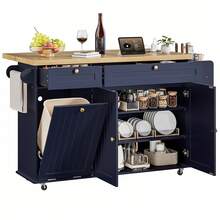 ONBRILL Blue 60" Kitchen Island With Drop Leaf, Rolling Kitchen On Wheels With Trash Storage Cabinet, Home Bar Islands Table With Spice Rack, Expandable Kitchen Island Cart With Towel Rack,  Mobile Island Table For Kitchen - Xanh đậm - Xem 1