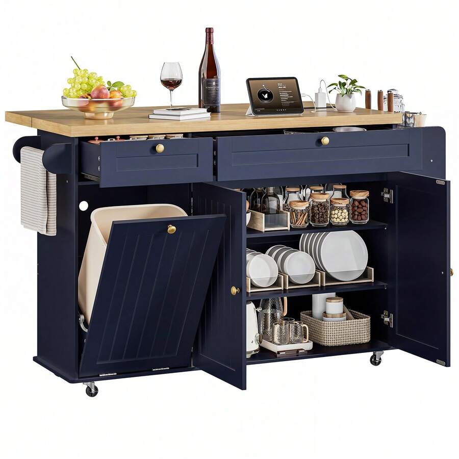 ONBRILL Blue 60" Kitchen Island With Drop Leaf, Rolling Kitchen On Wheels With Trash Storage Cabinet, Home Bar Islands Table With Spice Rack, Expandable Kitchen Island Cart With Towel Rack, Mobile Island Table For Kitchen - Xanh đậm - Xem 1