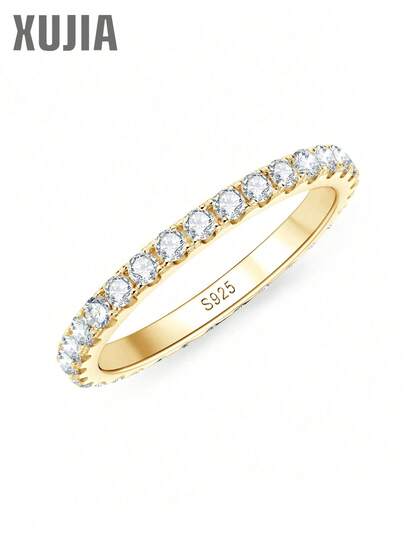 XUJIA 1 Stück Damen Ewigkeitsring, moderner Moissanit Verlobungsring, 2mm runder Moissanit Ring, 925er Sterling Silber Stapelring, Jahrestags- oder Geburtstagschmuckgeschenk
