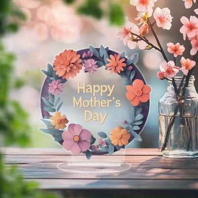 קישוט אקרילי דו-ממדי אחד, מתאים לקישוט שולחן עבודה לכל עונות השנה עם בסיס, כרטיס ברכה ליום האם עם פרחים פורחים מקרין אושר, לוכד שמש עם בסיס, מתאים לקישוט שולחן עבודה לכל עונות השנה