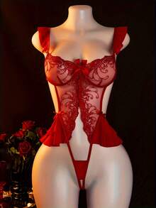 Sexy Lingerie, Lace Hollow-Out Design, Hollow-Out Bodysuit, Women's Bodysuit And Sexy Tight-Fitting Garment - 紅色 - 查看 2