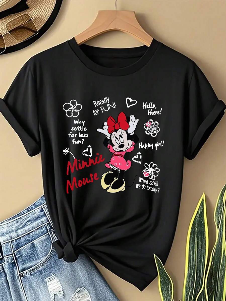 Disney  Women'S T-Shirt | Minnie Design Short Sleeve Crew Neck Casual Top For Spring And Summer, Soft And Breathable Fabric For Themed Events And Everyday Wear - Black - View 1