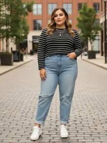 Plus Size Striped Black And White Long Sleeve Round Neck Blouse - Basic Casual Chic - Soft, Comfortable Knit With Stretch - Ideal For Urban Looks, Work, Everyday Wear, And Cold Weather - 黑色 - 查看 5