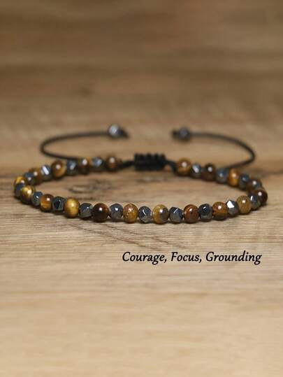 天然石波西米亚复古虎眼石手链：不对称串珠设计，赤铁矿手工编织，可调节尺寸——时尚日常饰品，男女皆宜