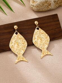 1 Pair Exaggerated Hammered Texture Dangle Fish Tail Earrings For Women - Yellow Gold - View 4