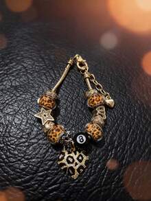 1件时尚金色DIY串珠手链，配铜十字架、豹纹珠子和樱桃黑珠子，适合作为礼物和日常佩戴 - 彩色 - 查看 1