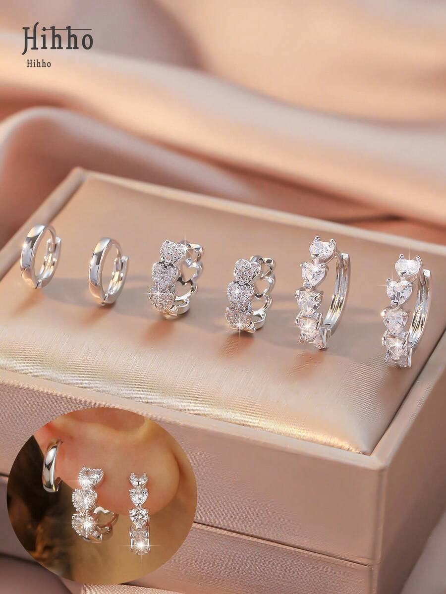 Hihho 6件套欧美高端时尚简约夹式耳环套装，经典复古锆石耳环，奢华简约耳环，适合日常叠戴或单独佩戴，送朋友的最佳礼物 - 銀色 - 查看 1