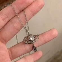 1pc Fashionable Micro-Inlaid Full Diamond Saturn Brooch Titanium Steel Necklace, Luxury Design Celestial Body Clavicle Chain, Suitable For Wedding, Party And Daily Wear - Multicolor - View 1