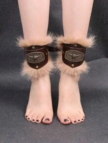 1 Set Adjustable Medieval Viking Boot Covers/Laces With Fur Trim - Perfect For LARP, Cosplay, Renaissance Fairs, Halloween, Carnival Costumes - A - View 2