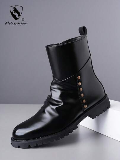 A Pair Of Men's Boots, Branded Men's Shoes, PU Boots, 2026 New High Top Work Shoes, High-Quality Motorcycle Boots With Buckles, Men's Brown Boots, Lace Up Men's Boots, High Top Thick Soled Shoes, Gothic High Top Boots, Comfortable And Luxurious Shoes, Suitable For Young People's Street Choices, Sizes 39-48. Campus Style Fashionable Youth Ankle Boots, Suitable For Dancing, Street Fashion, Outdoor Leisure